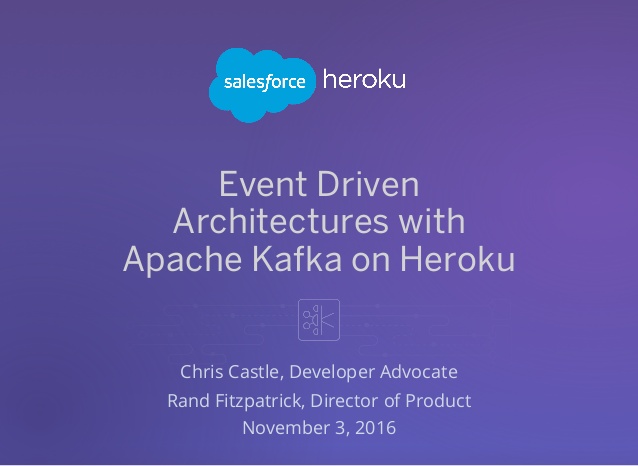 First slide of the presentation, titled Event Driven Architectures with Apache Kafka on Heroku