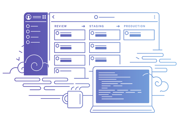 Abstract illustration of data processing, featuring floating digital elements, a database-like structure, and a monitor icon, all in shades of blue and purple.