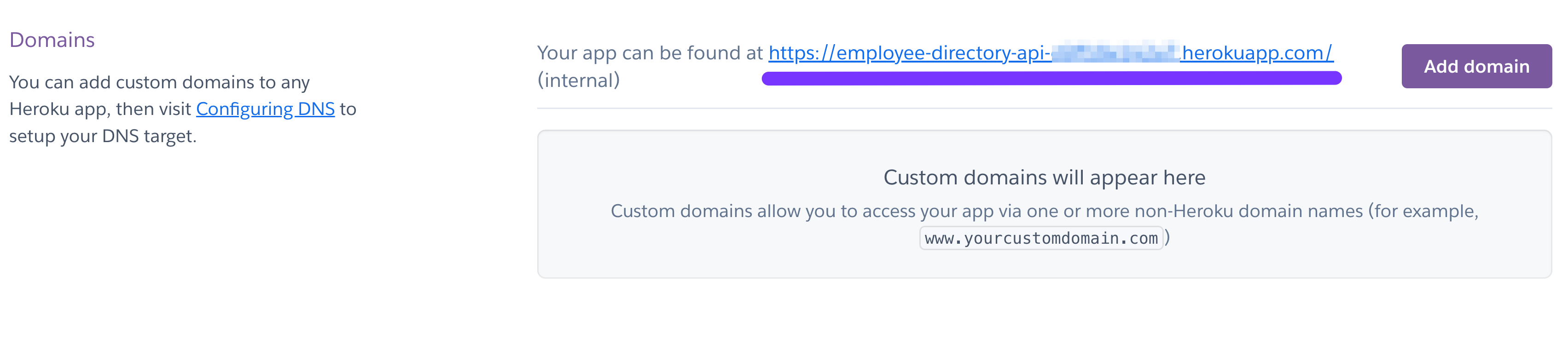 Heroku dashboard showing the internal app URL for a secure API with custom domain setup instructions.