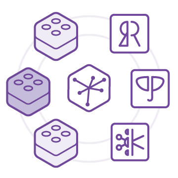 Purple and white vector graphic featuring multiple abstract shapes, including hexagons and symbols connected by lines.