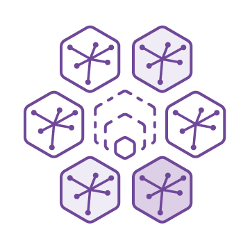 A hexagonal network pattern with six nodes, each containing a star-like design. A small central hexagon is surrounded by dashed lines, all in shades of purple.