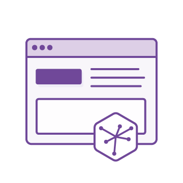 Illustration of a web page layout with a purple hexagon logo featuring interconnected dots in the foreground.