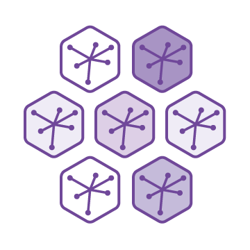 Seven purple hexagons with a central node and branching lines, arranged in a honeycomb pattern.
