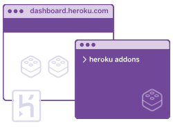 Illustration of two purple Heroku windows, one labeled "dashboard.heroku.com" with icons, and the other labeled "heroku addons," alongside a Heroku logo.