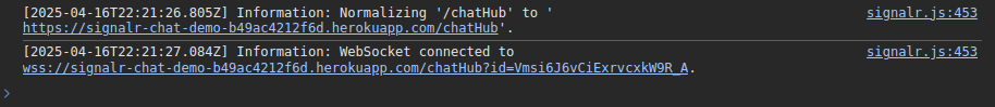 Screenshot of a console log showing normalization and WebSocket connection messages for a URL, with clickable 'signal.js:453' references on the right.