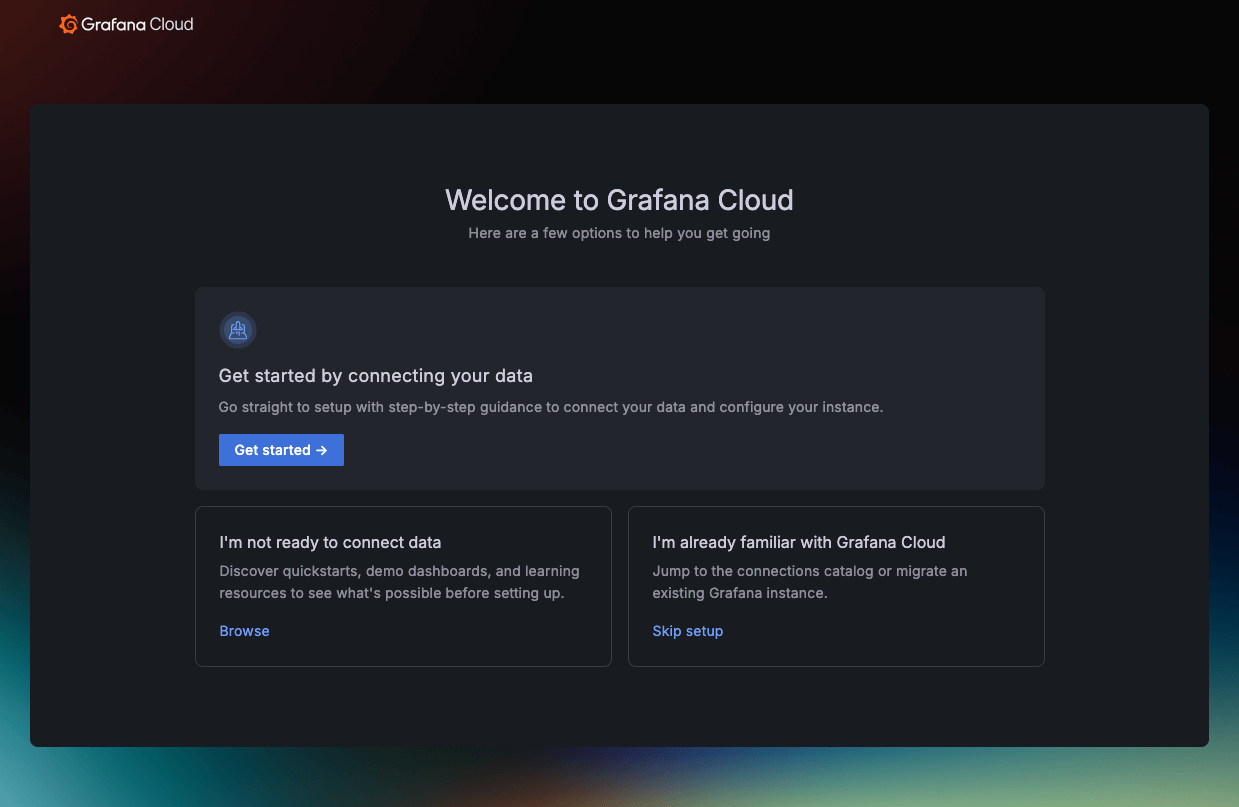 Screenshot of the Grafana Cloud welcome page with options to get started by connecting data, browse resources, or skip setup if already familiar.