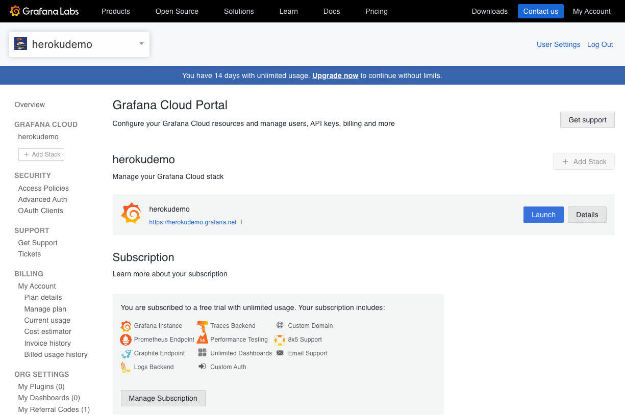 Screenshot of the Grafana Cloud Portal showing the herokudemo stack, subscription details, and buttons for support, launching, and managing subscription features.