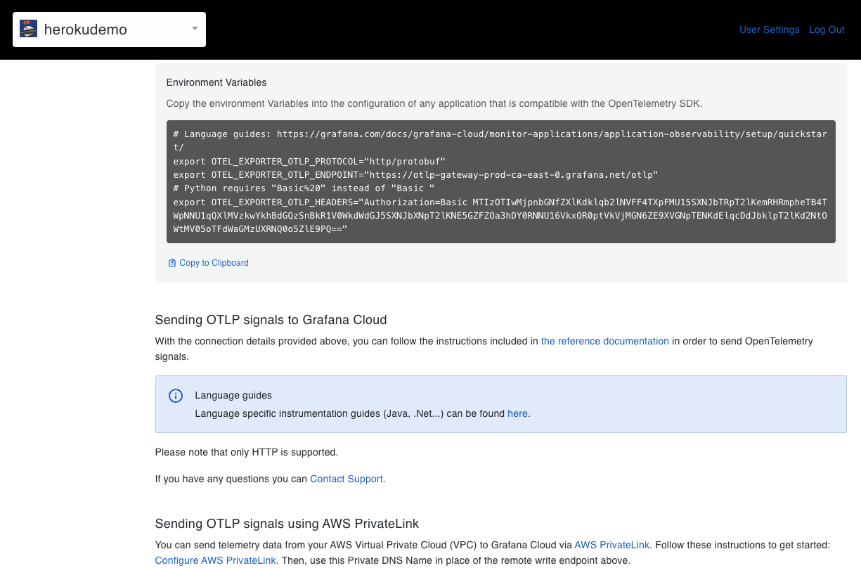 Screenshot of a Heroku demo page showing instructions and code for sending OpenTelemetry signals to Grafana Cloud, with sections for language guides and AWS PrivateLink setup.