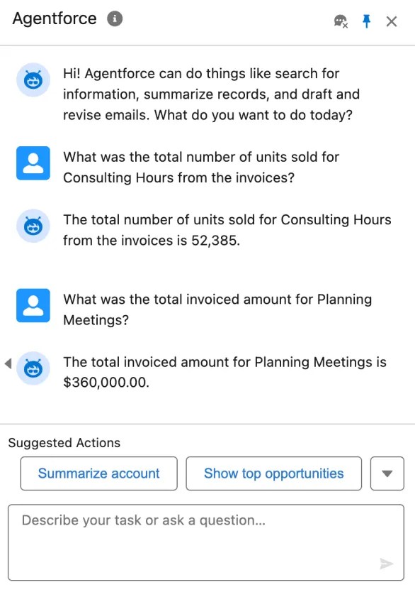 Agentforce AI agent responding to invoice queries with full access to unstructured historical data.