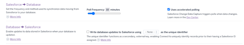 Screenshot of database settings showing options to set poll frequency in minutes, enable accelerated polling, and configure database updates to Salesforce using a unique identifier.